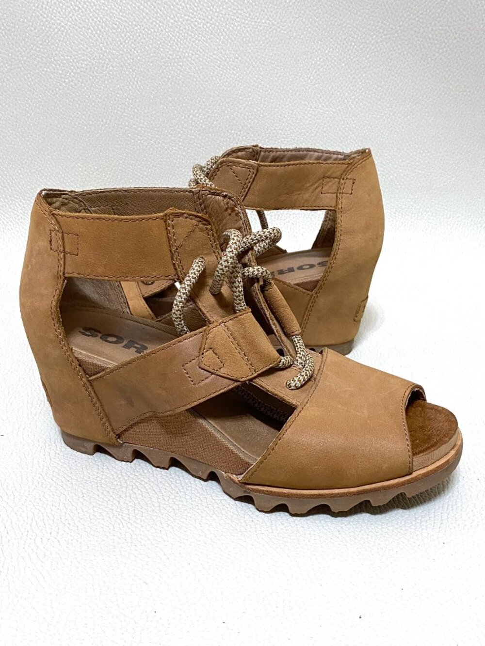 Womens Sorel Joanie Size 8 Brown Leather Wedge Open Toe Sandals